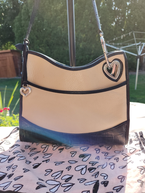 Brighton Handbags - Brighton 3fer Cream and Black Shoulder Bag With Small Scarf And Heart Earrings